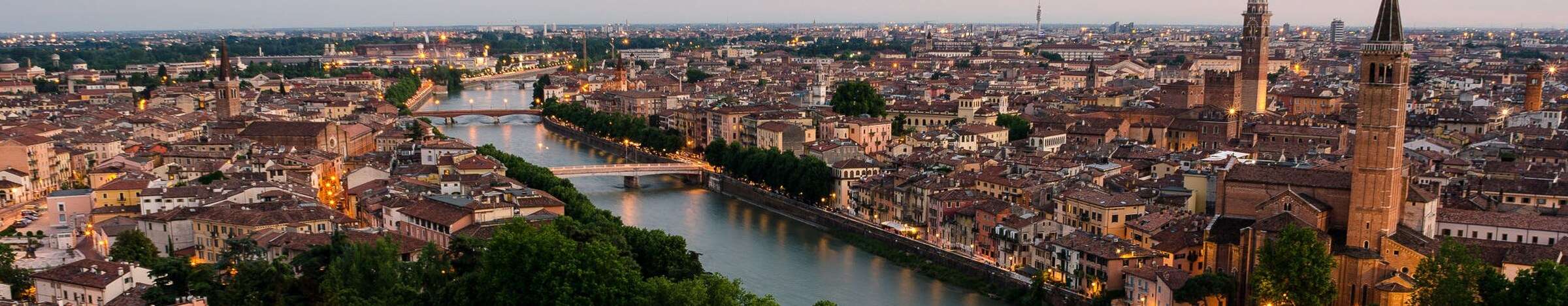 Verona at dusk from Castel San Pietro, with the Adige, its bridges and the Lamberti tower